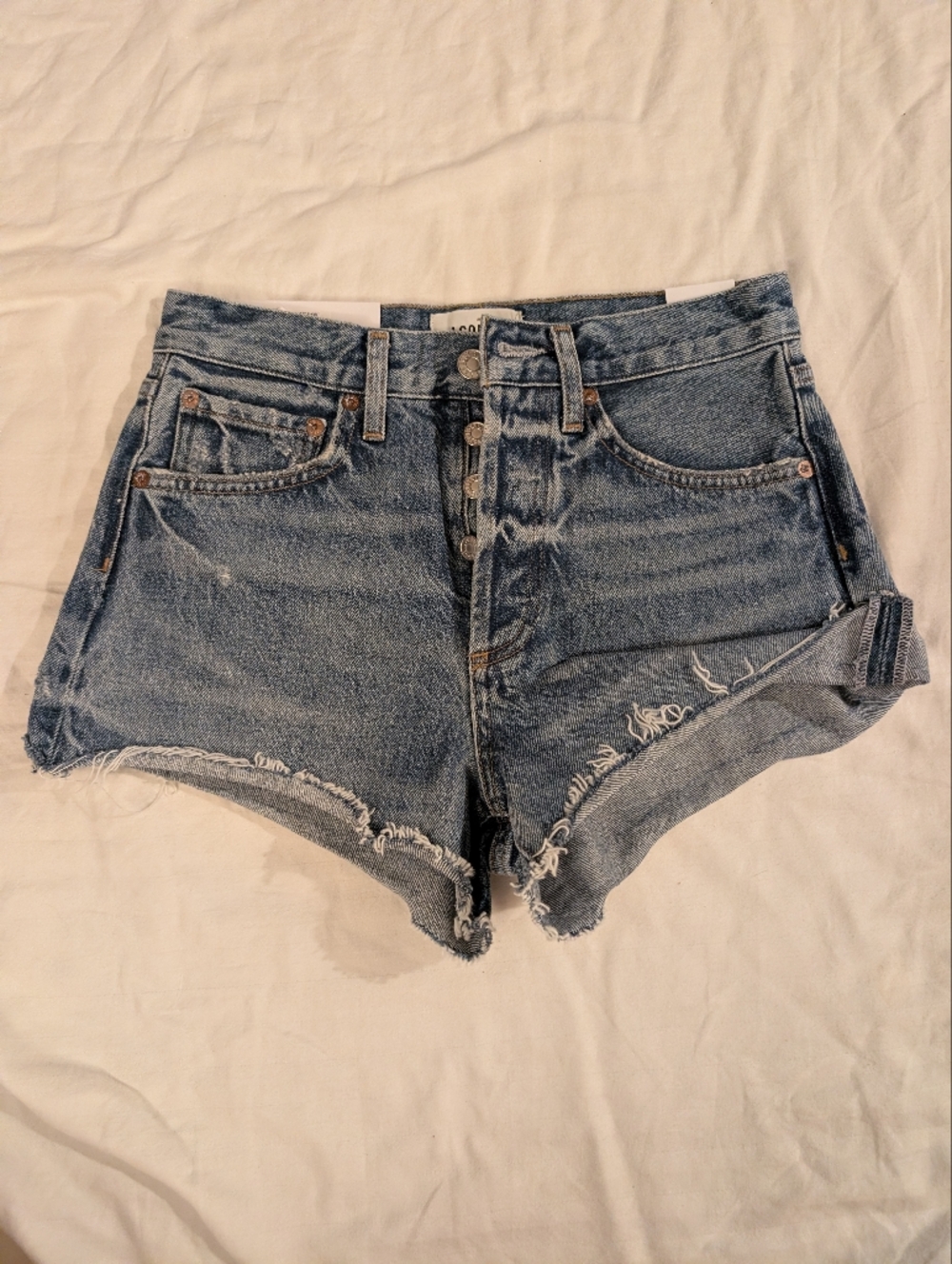 NWT Agolde High-Rise Distressed Denim Jean Shorts - Light Blue